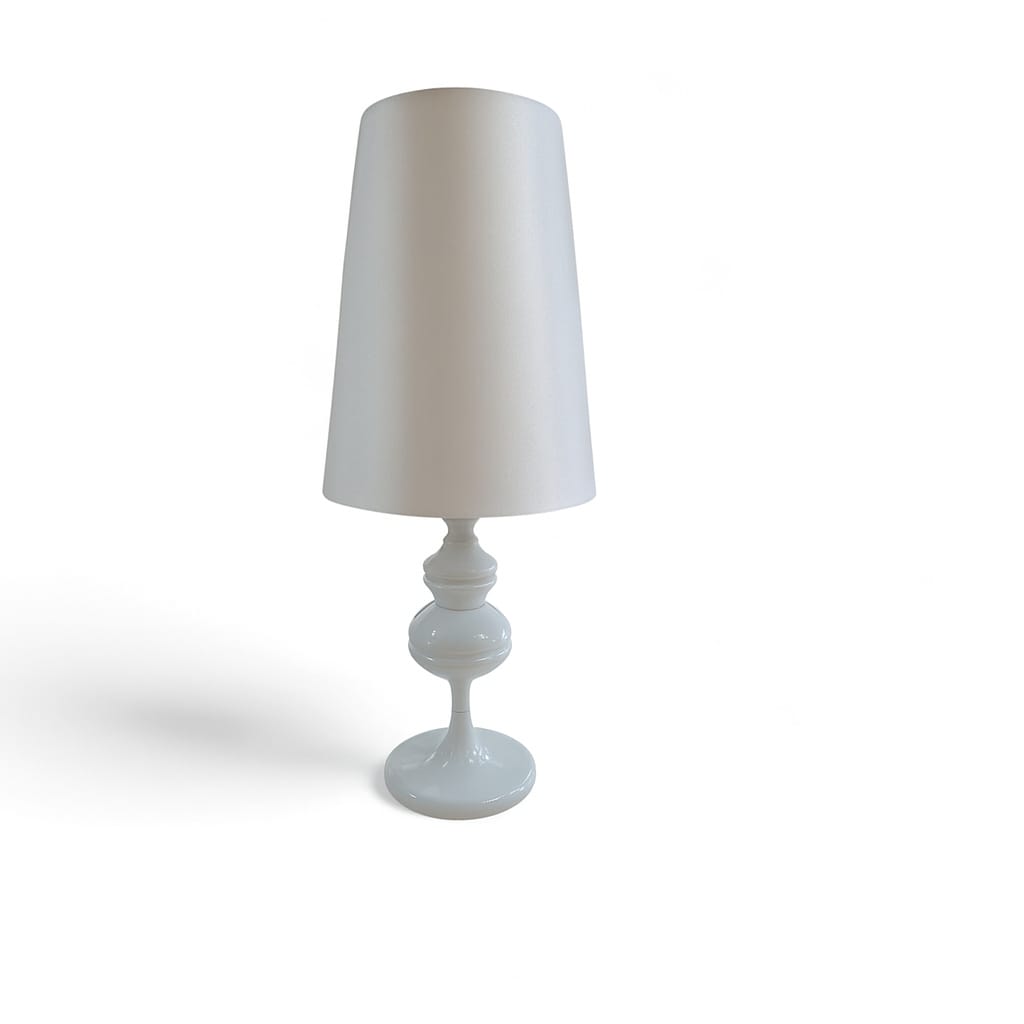 White table lamp with a cylindrical shade on a white background