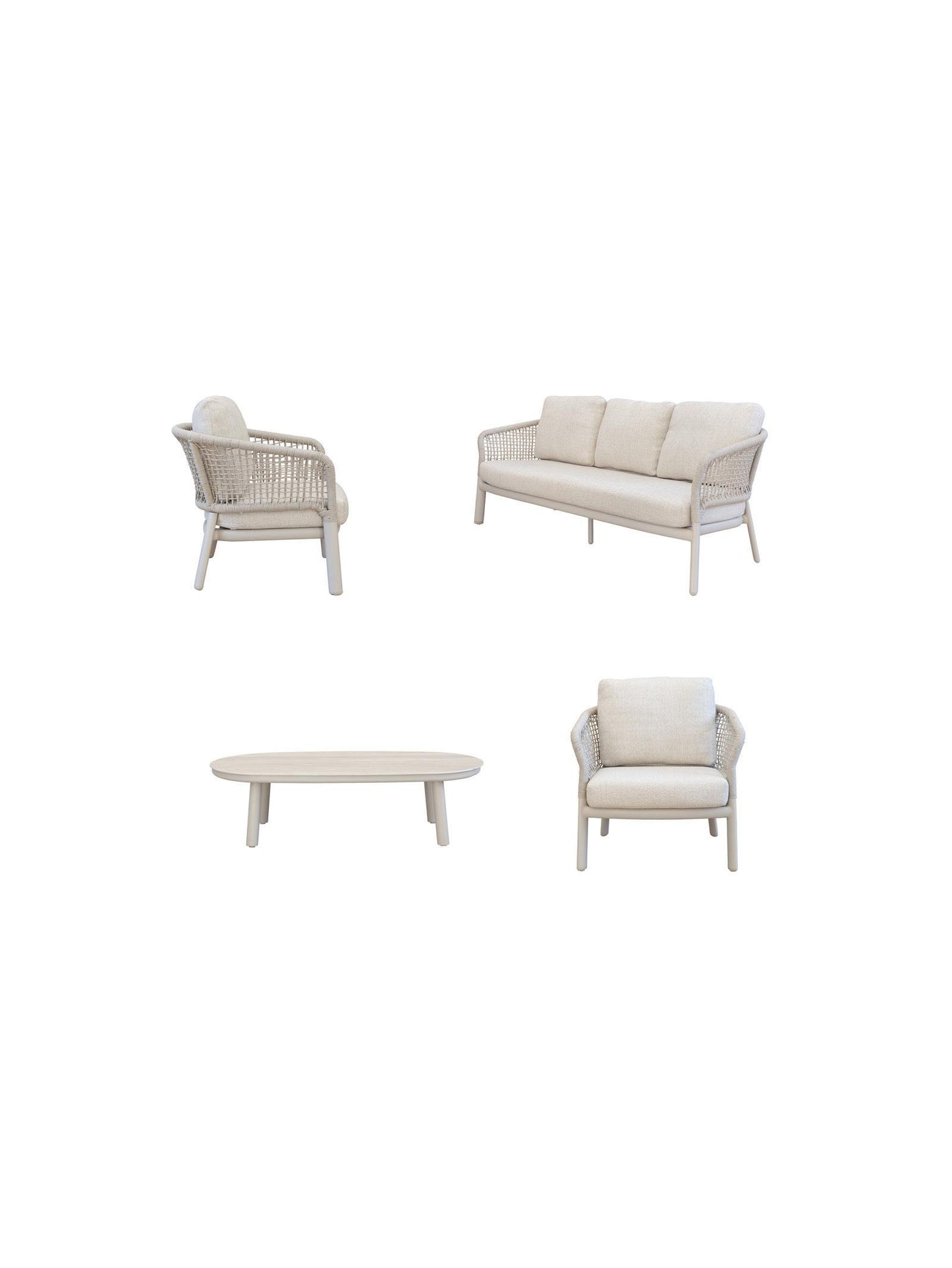 Outdoor furniture set with a sofa, two armchairs, and a coffee table on a white background