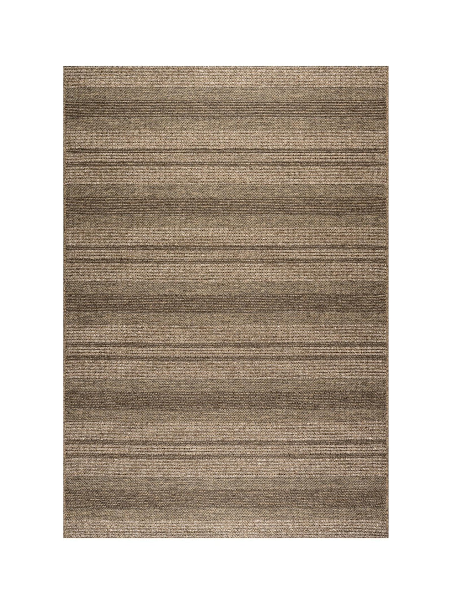 Rectangular brown and beige striped rug on a white background