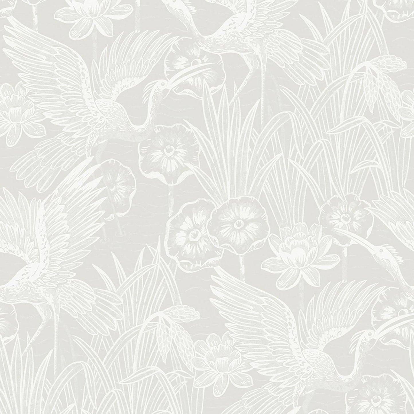 White floral and leaf pattern on a light gray background