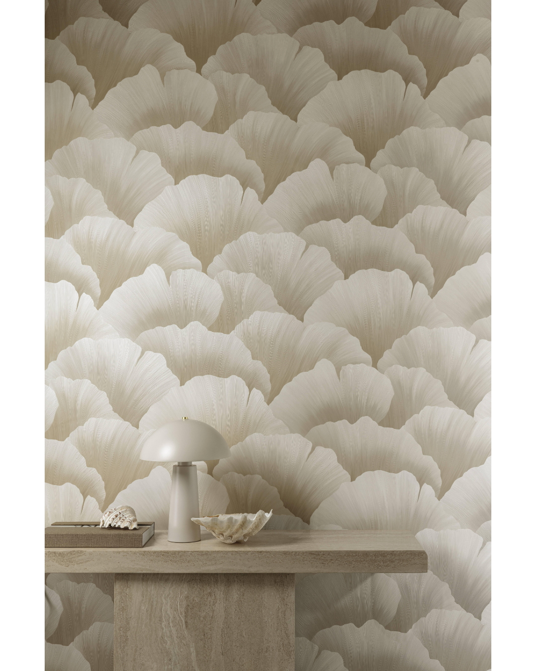 Wallpaper with cloud pattern in beige tones, featuring a table and decorative items.