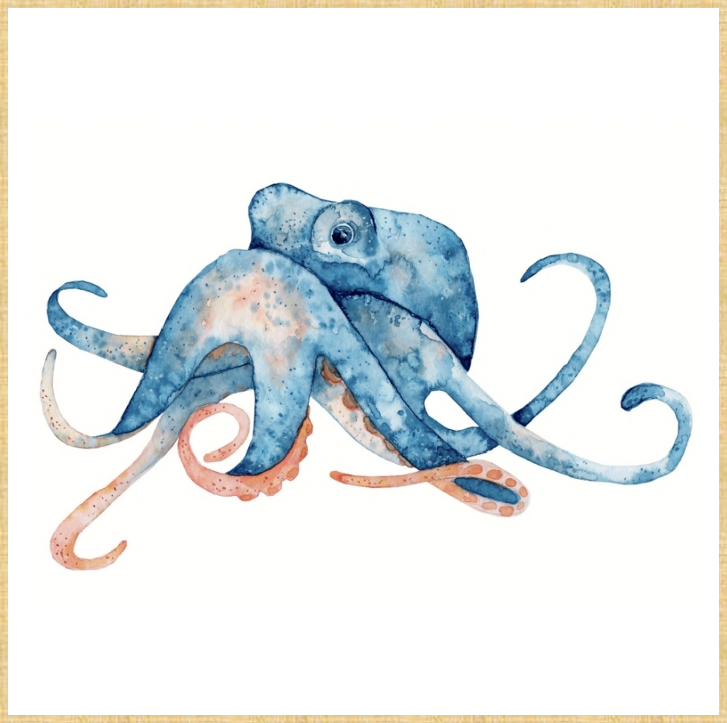 Watercolor illustration of a blue octopus on a white background