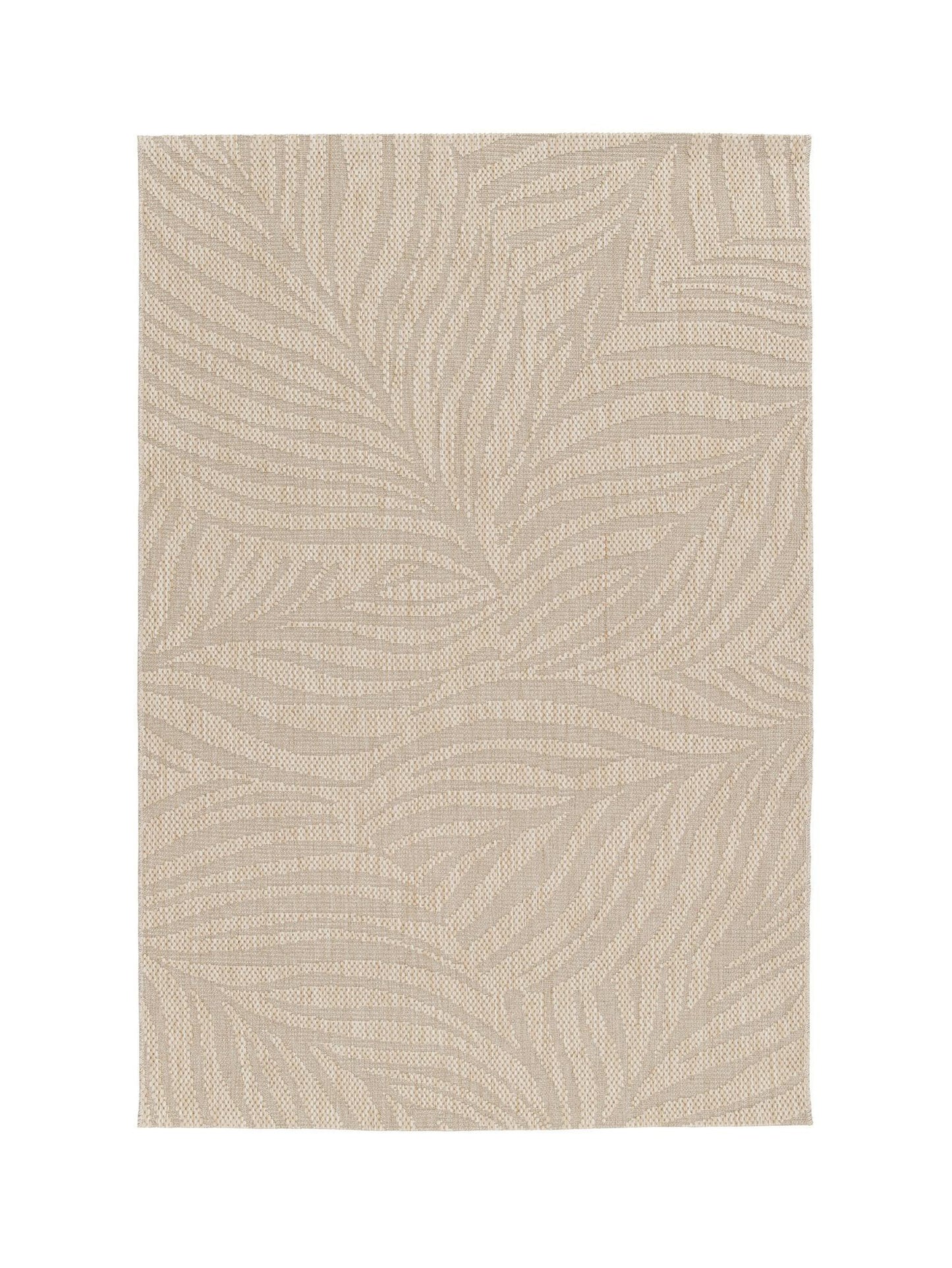 Textured beige area rug with leaf pattern on a white background