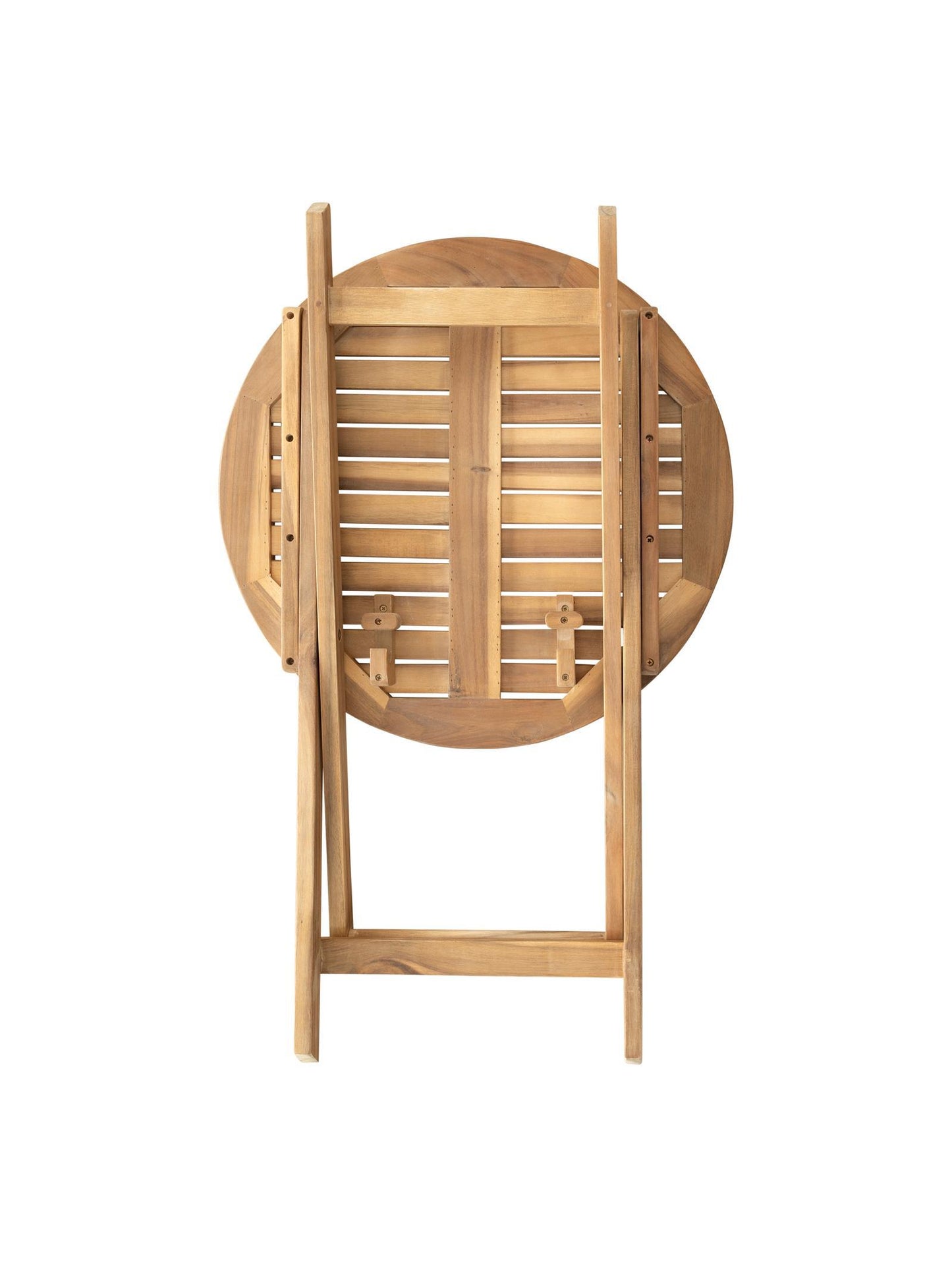 Wooden round table with folding legs on a white background