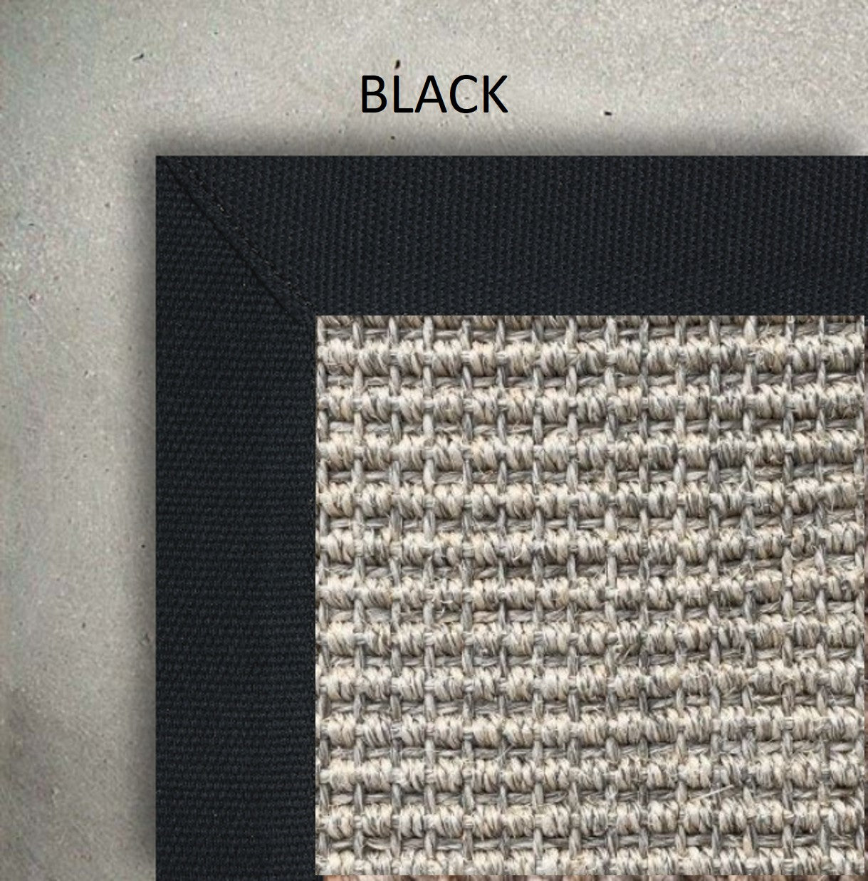 Textured black and gray material swatch on a concrete background with 'BLACK' text.