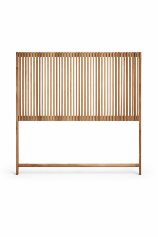 Solid wood slatted headboard in natural timber finish with vertical slats for modern bedroom design