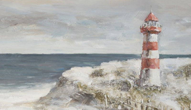Lighthouse on a rocky shore with ocean waves and cloudy sky