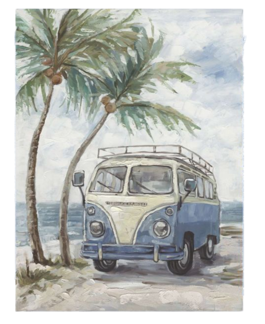 Vintage van with a surfboard on a beach scene with palm trees and ocean.