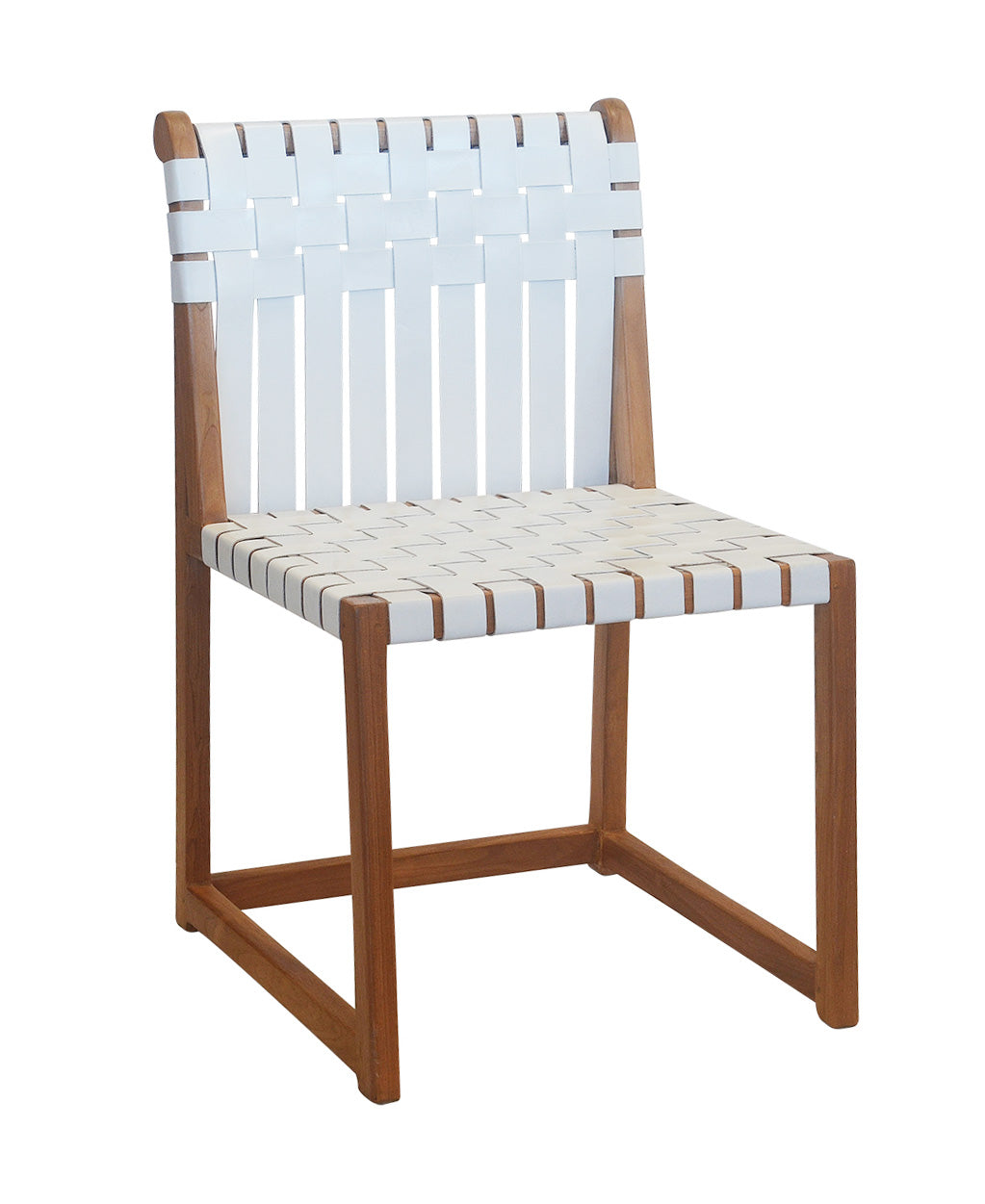 Teak Dining Chair with White Leather Strap Back & Seat