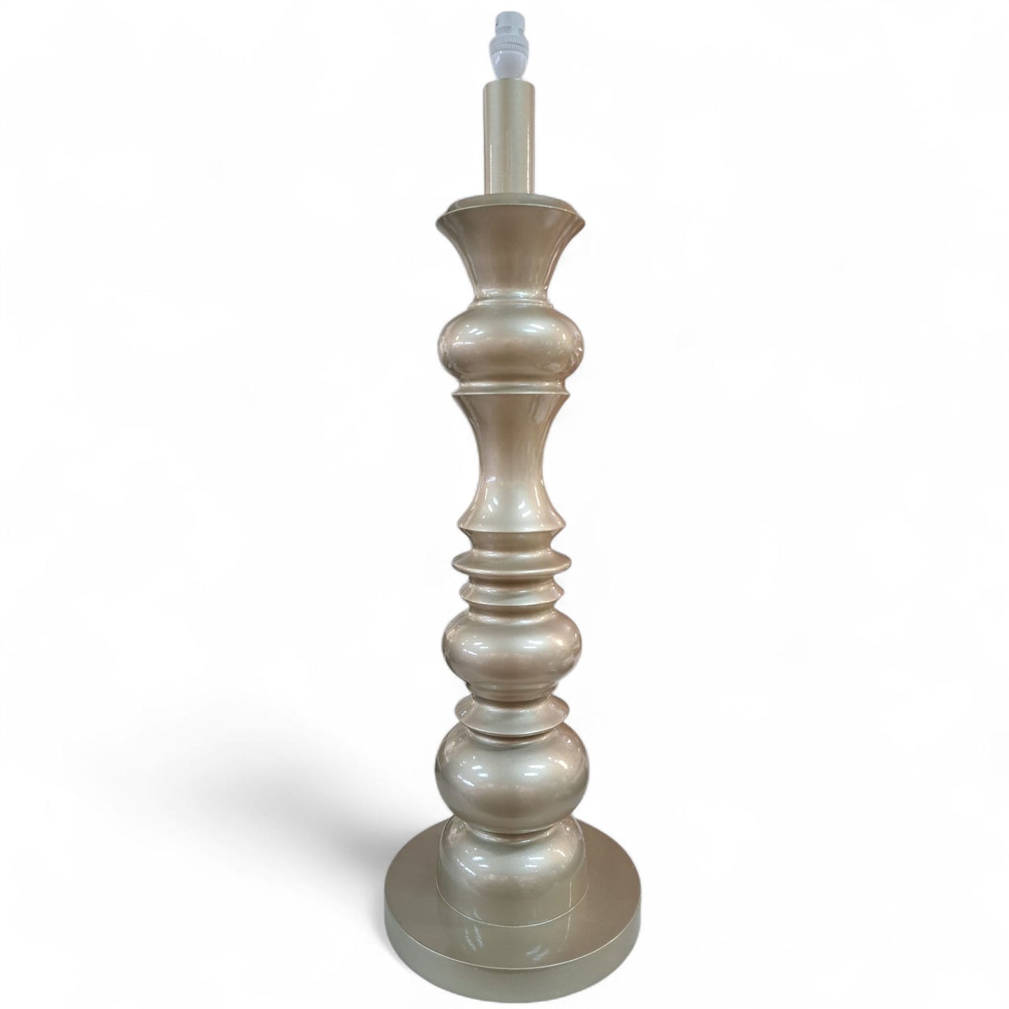 Decorative floor lamp with a white base and beige column on a white background