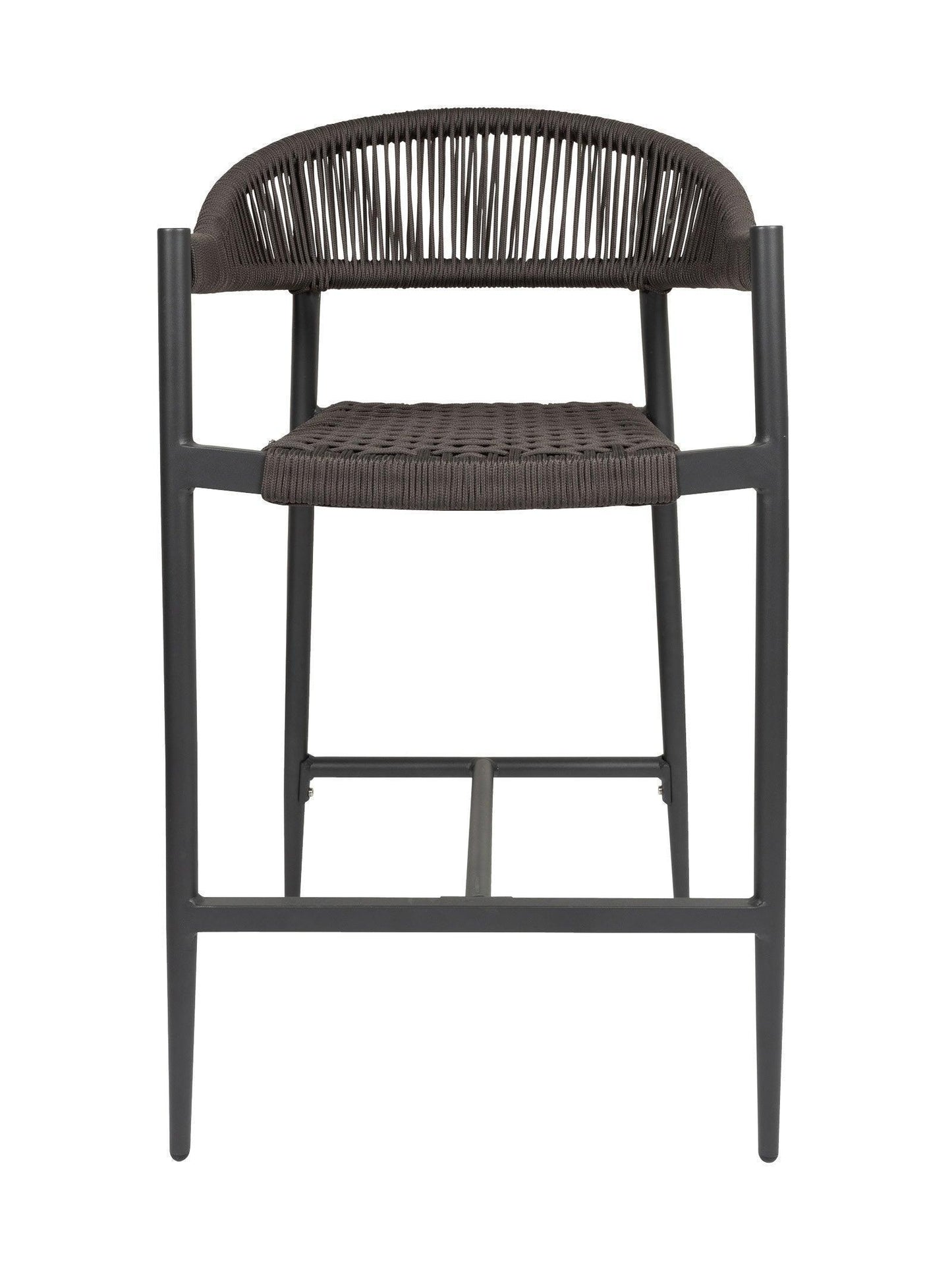 Iona Outdoor Bar Chair with aluminium frame and woven UV-resistant rope seat on patio

Close-up of Iona bar chair showing detailed rope weave and metal frame

Set of Iona outdoor bar chairs arranged around outdoor bar counter

Iona Outdoor Bar Chair styled on wooden deck with scenic outdoor background

Back view of Iona bar chair highlighting UV-resistant rope backrest design

Iona bar chair from the Iona outdoor furniture collection with coordinating pieces