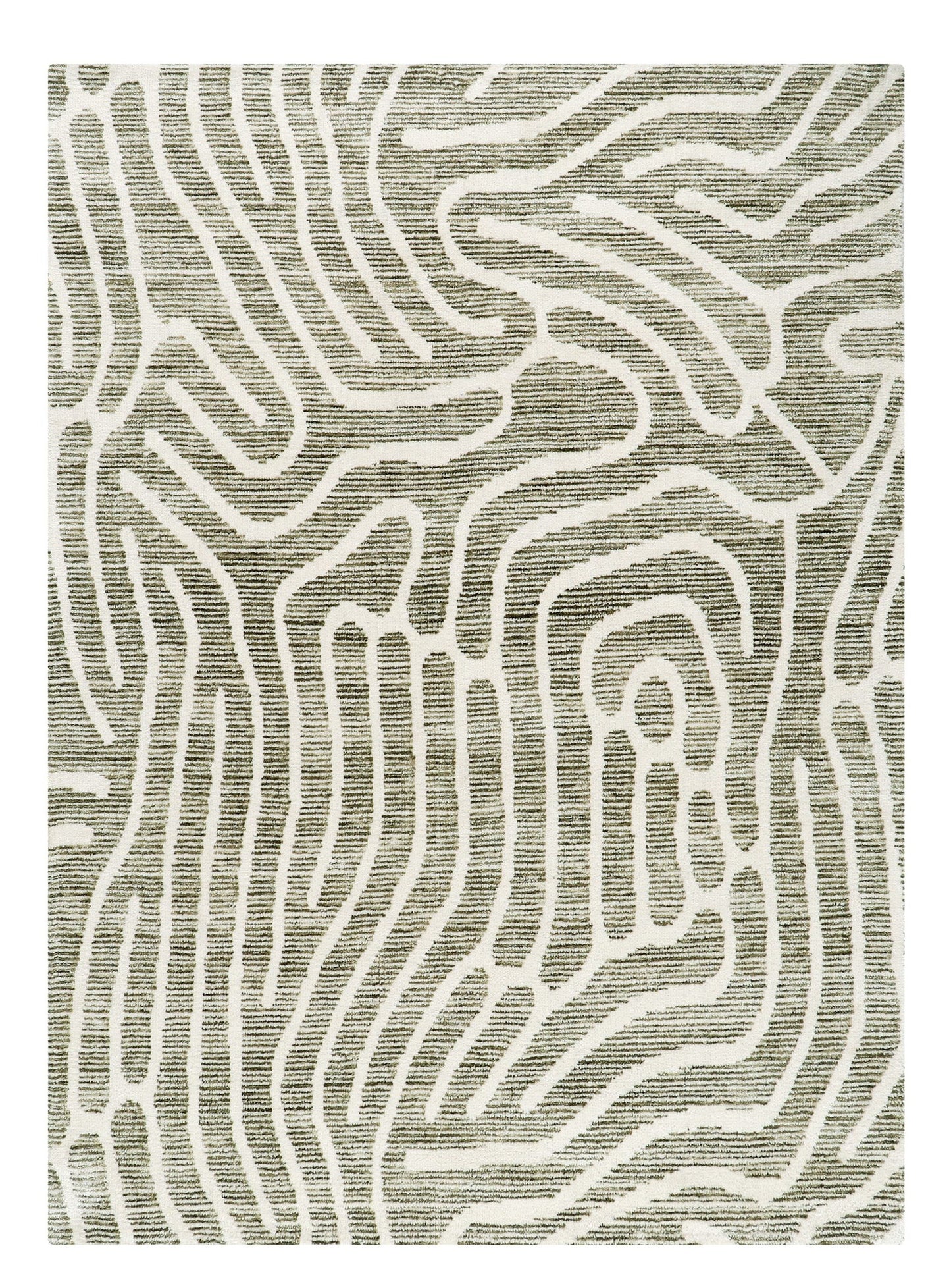 Textured rug with wavy pattern in neutral tones on a white background
