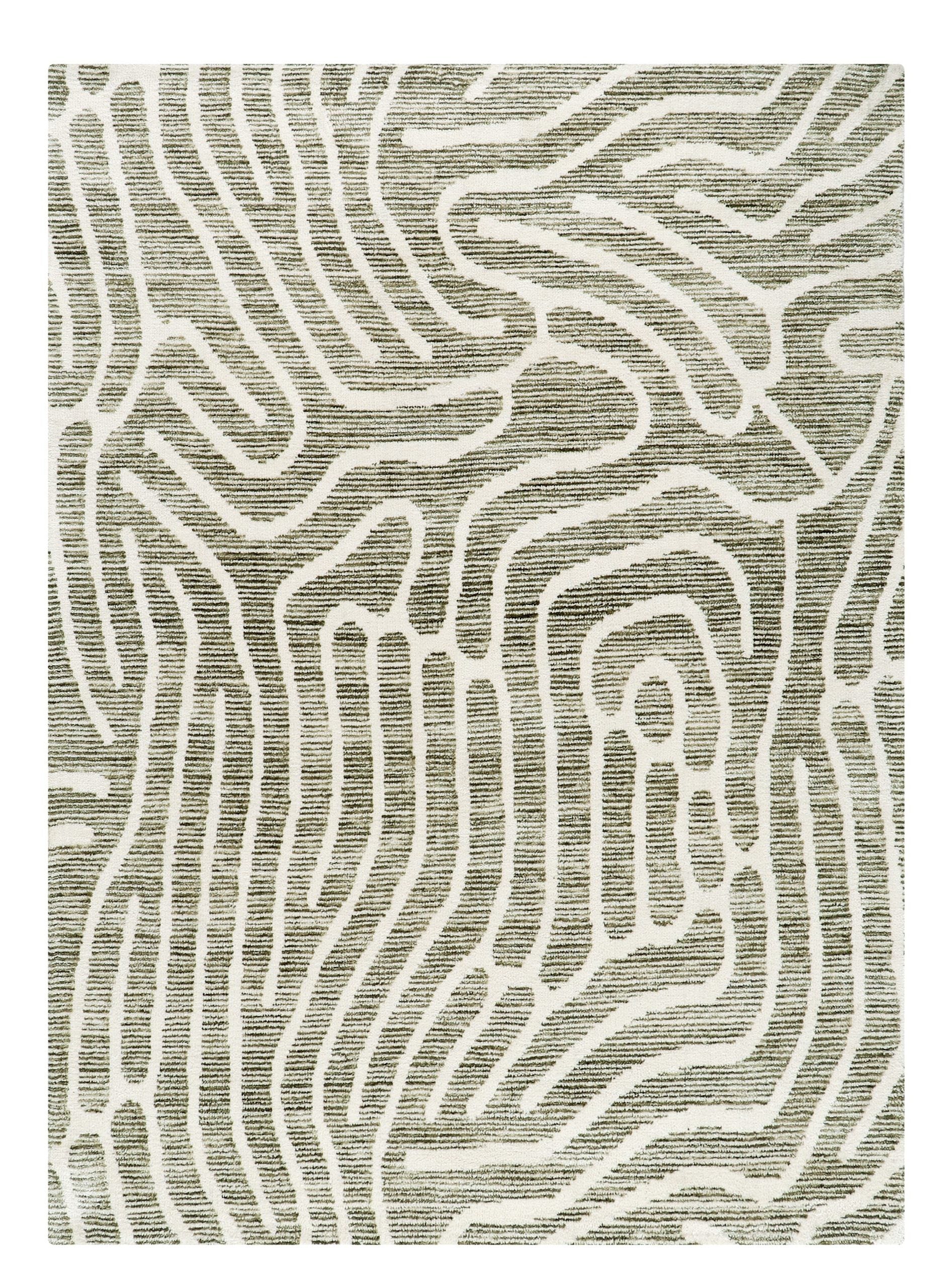 Textured rug with wavy pattern in neutral tones on a white background
