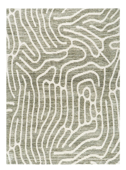 Textured rug with wavy pattern in neutral tones on a white background