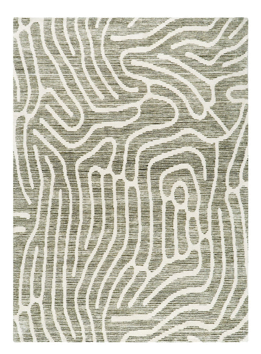 Textured rug with wavy pattern in neutral tones on a white background