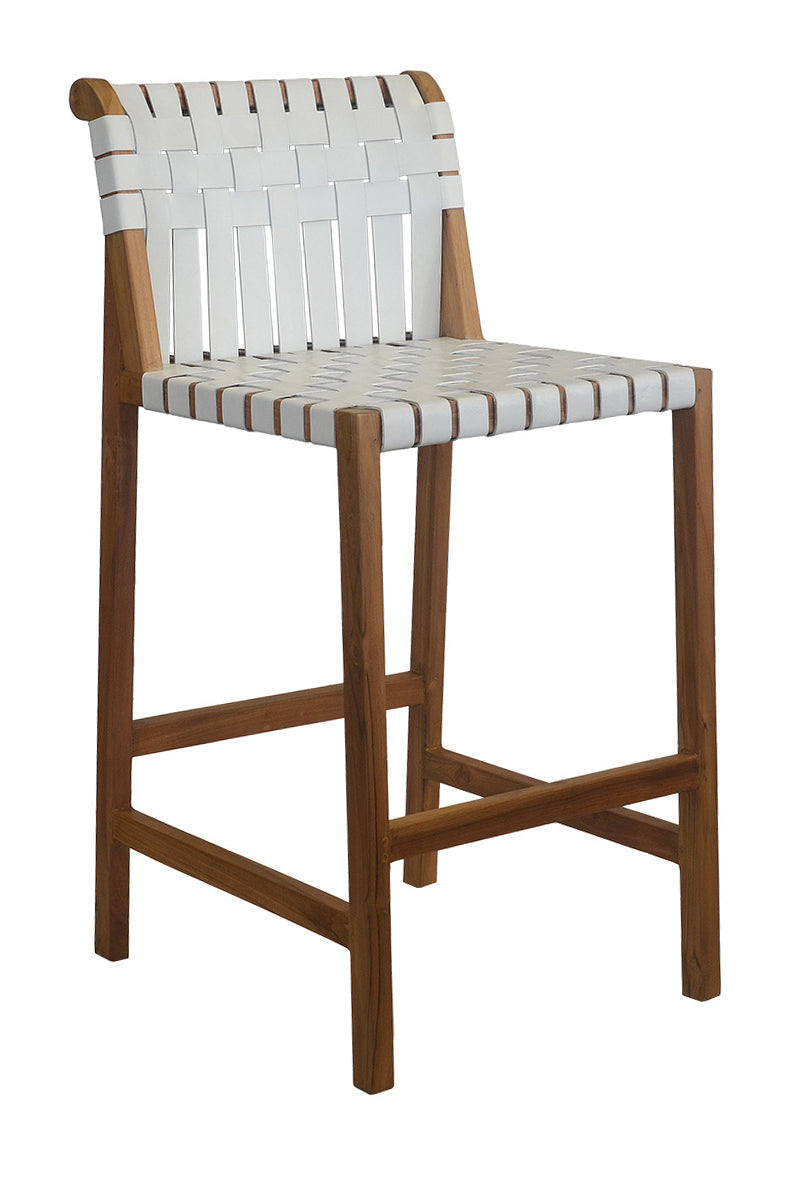 Teak Bar Chair with White Leather Strap Back & Seat