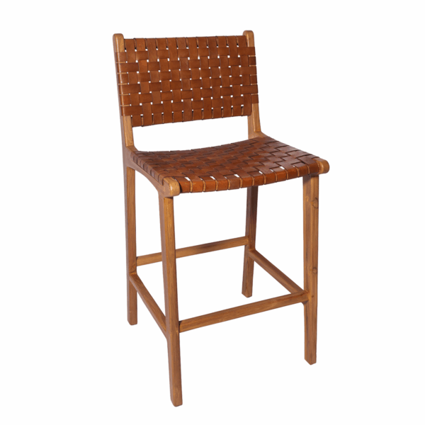 A stylish teak Bar Stool featuring a hand-woven leather seat and backrest