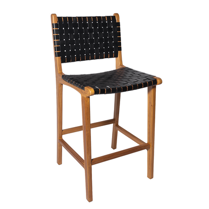 A stylish teak Bar Stool featuring a hand-woven leather seat and backrest