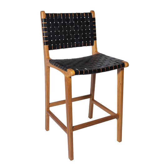 A stylish teak Bar Stool featuring a hand-woven leather seat and backrest