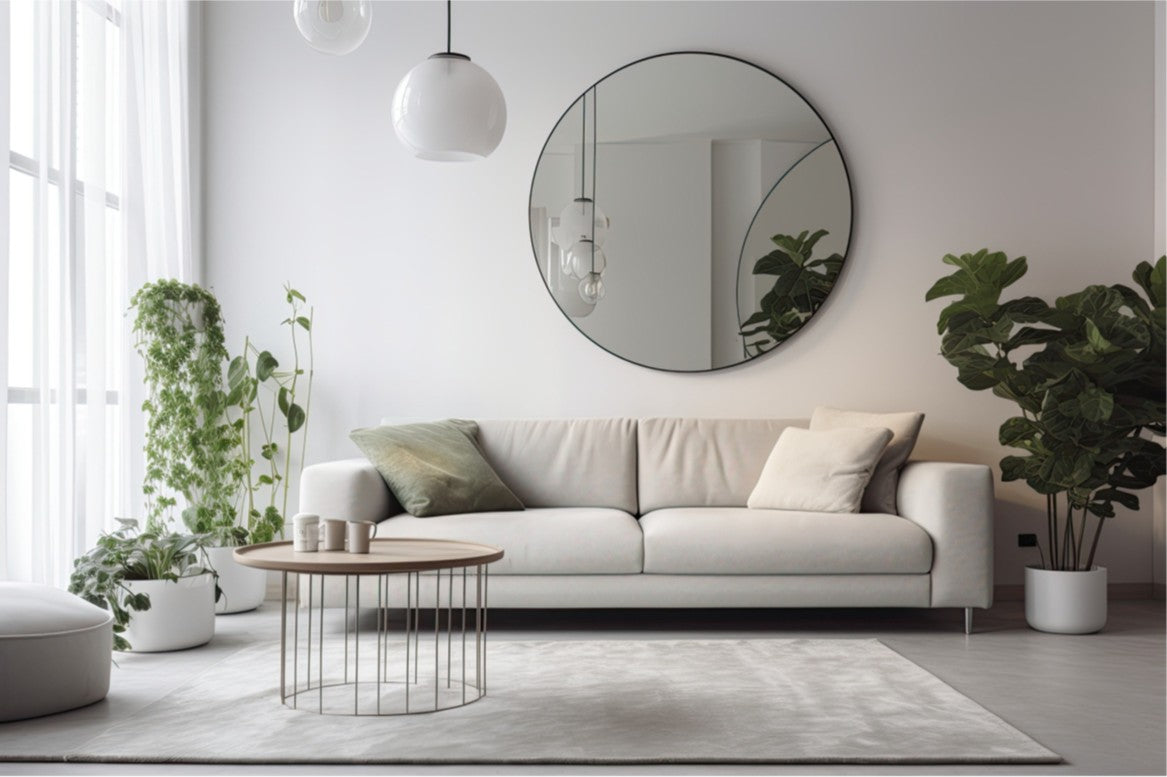 Modern living room with a white sofa, round mirror, and potted plants.