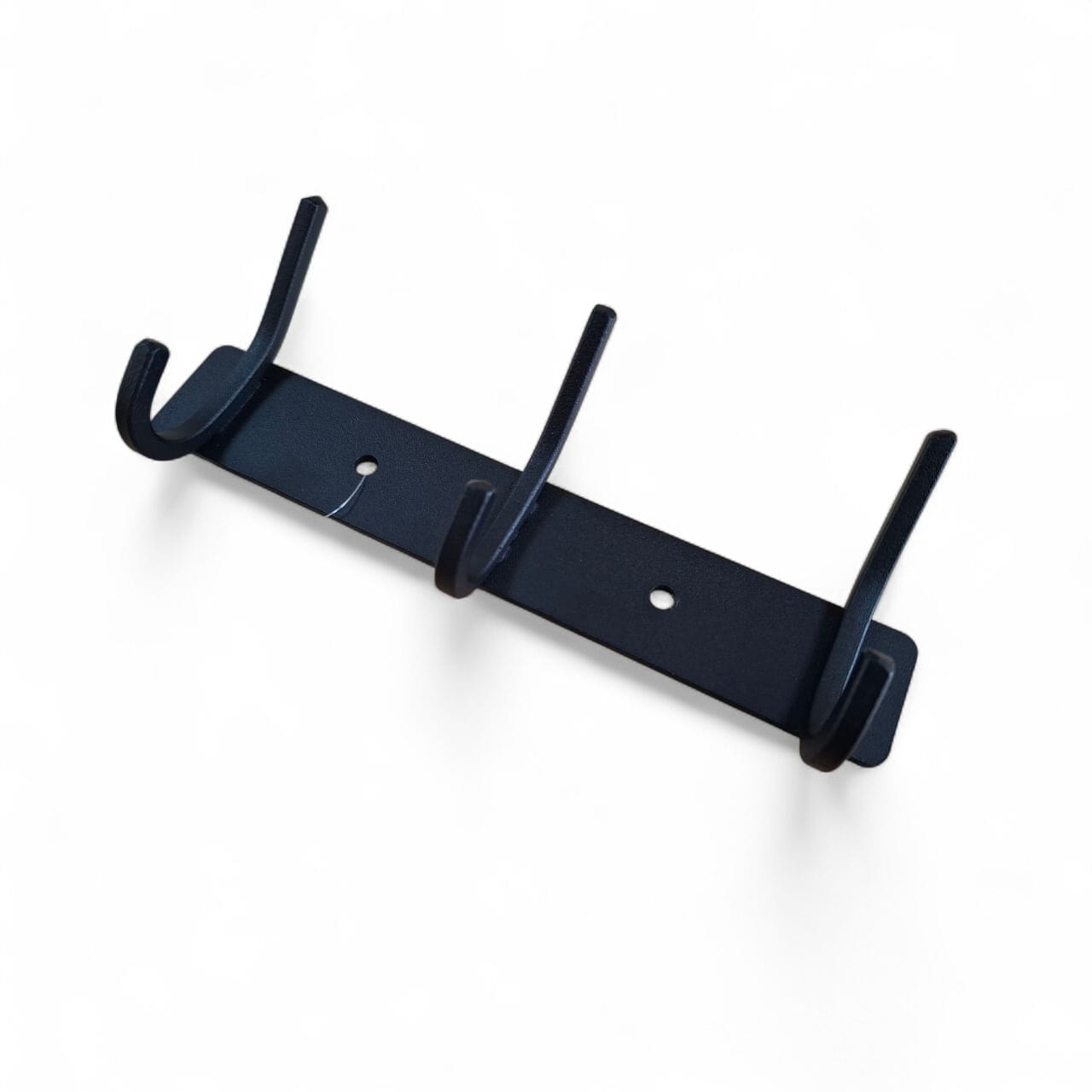 Black wall-mounted hook with three hooks on a white background