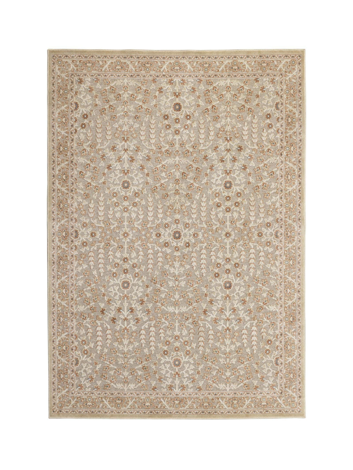 A rectangular area rug with an intricate traditional floral and medallion pattern in beige, cream, and light brown tones, shown flat against a solid white background.