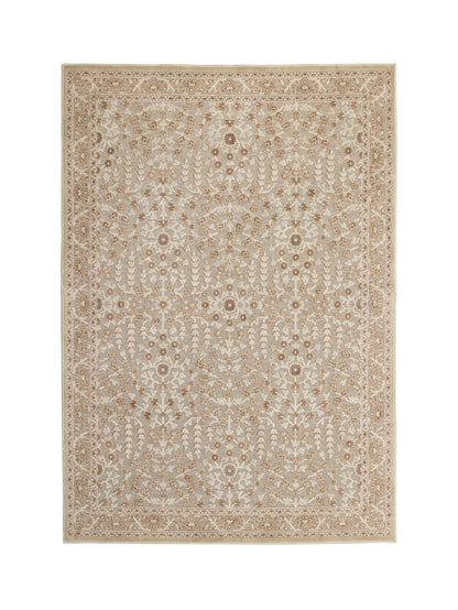 A rectangular area rug with an intricate traditional floral and medallion pattern in beige, cream, and light brown tones, shown flat against a solid white background.