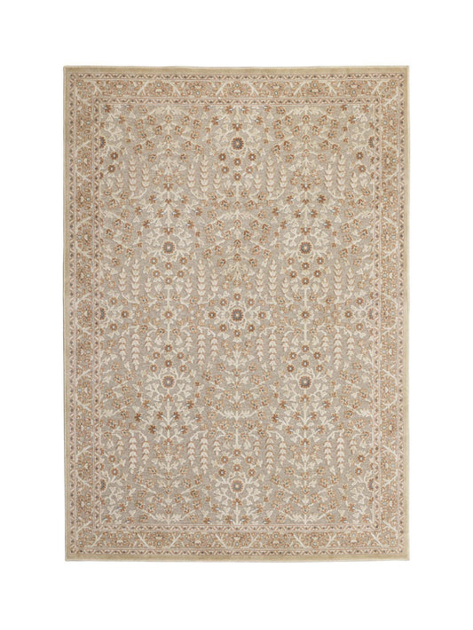 A rectangular area rug with an intricate traditional floral and medallion pattern in beige, cream, and light brown tones, shown flat against a solid white background.