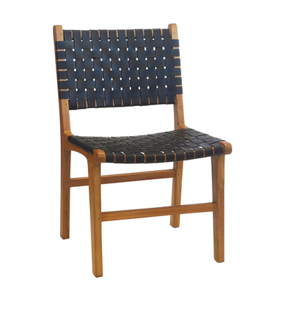 A stylish teak dining chair featuring a hand-woven leather seat and backrest