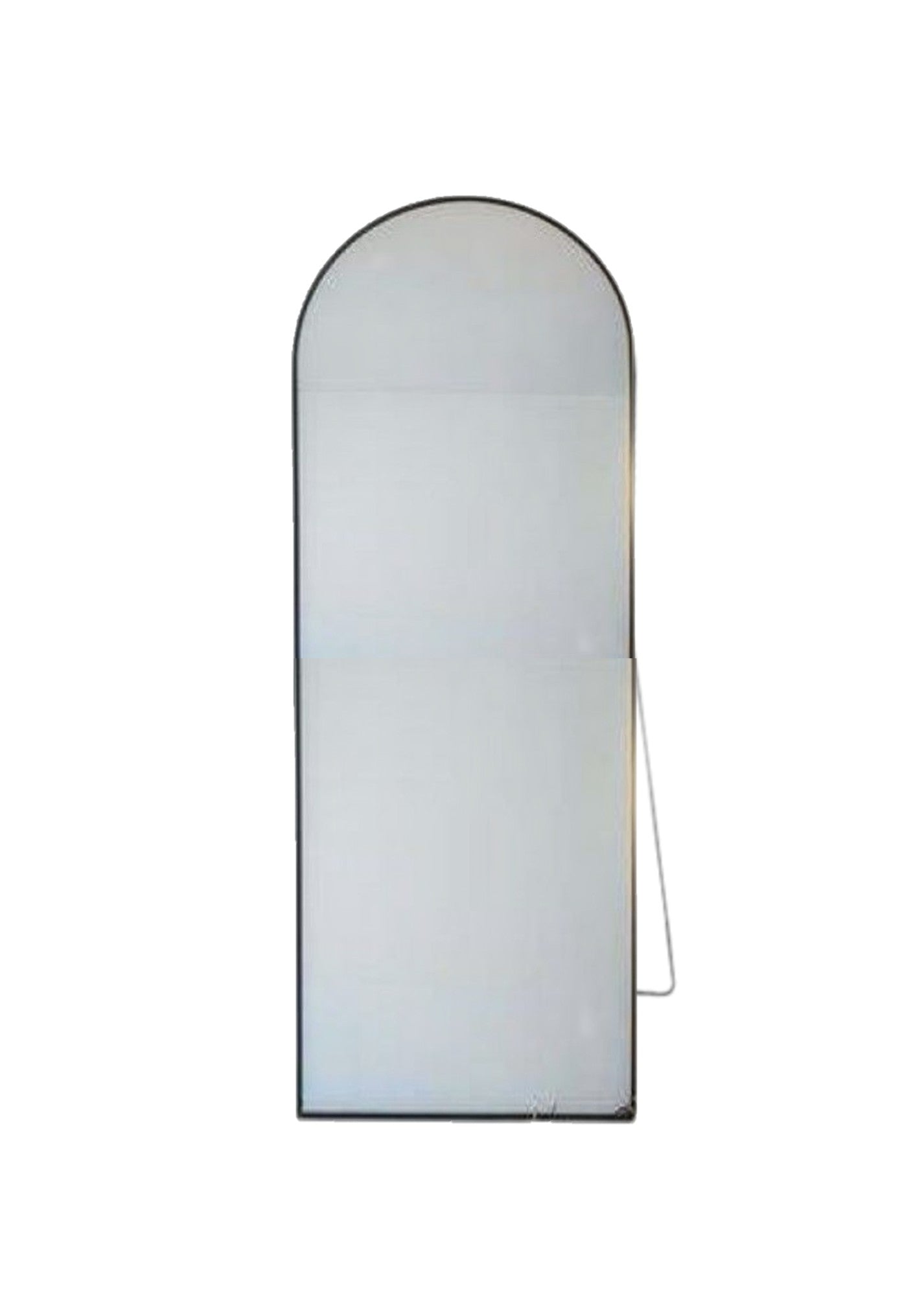 Tall, narrow mirror with a black frame on a white background