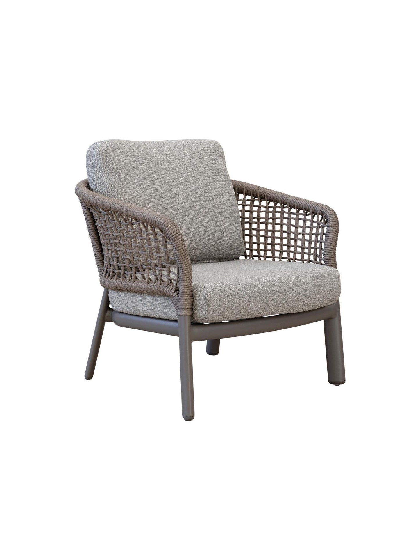 Chair with woven frame and gray cushions on a white background