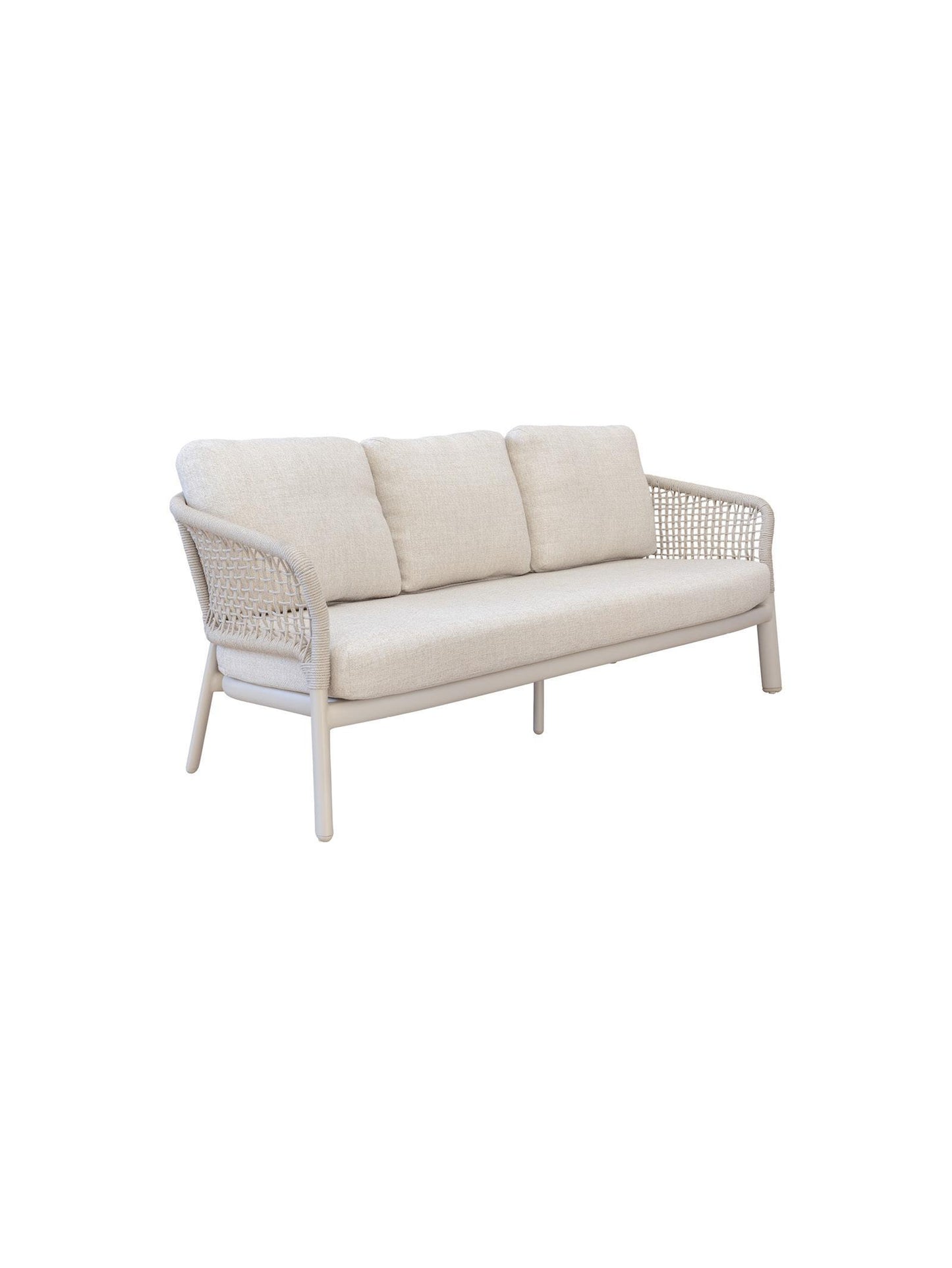 Beige outdoor sofa with wicker frame on a white background