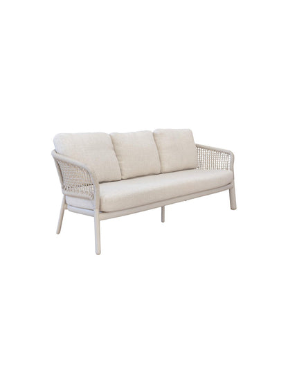 Beige outdoor sofa with wicker frame on a white background