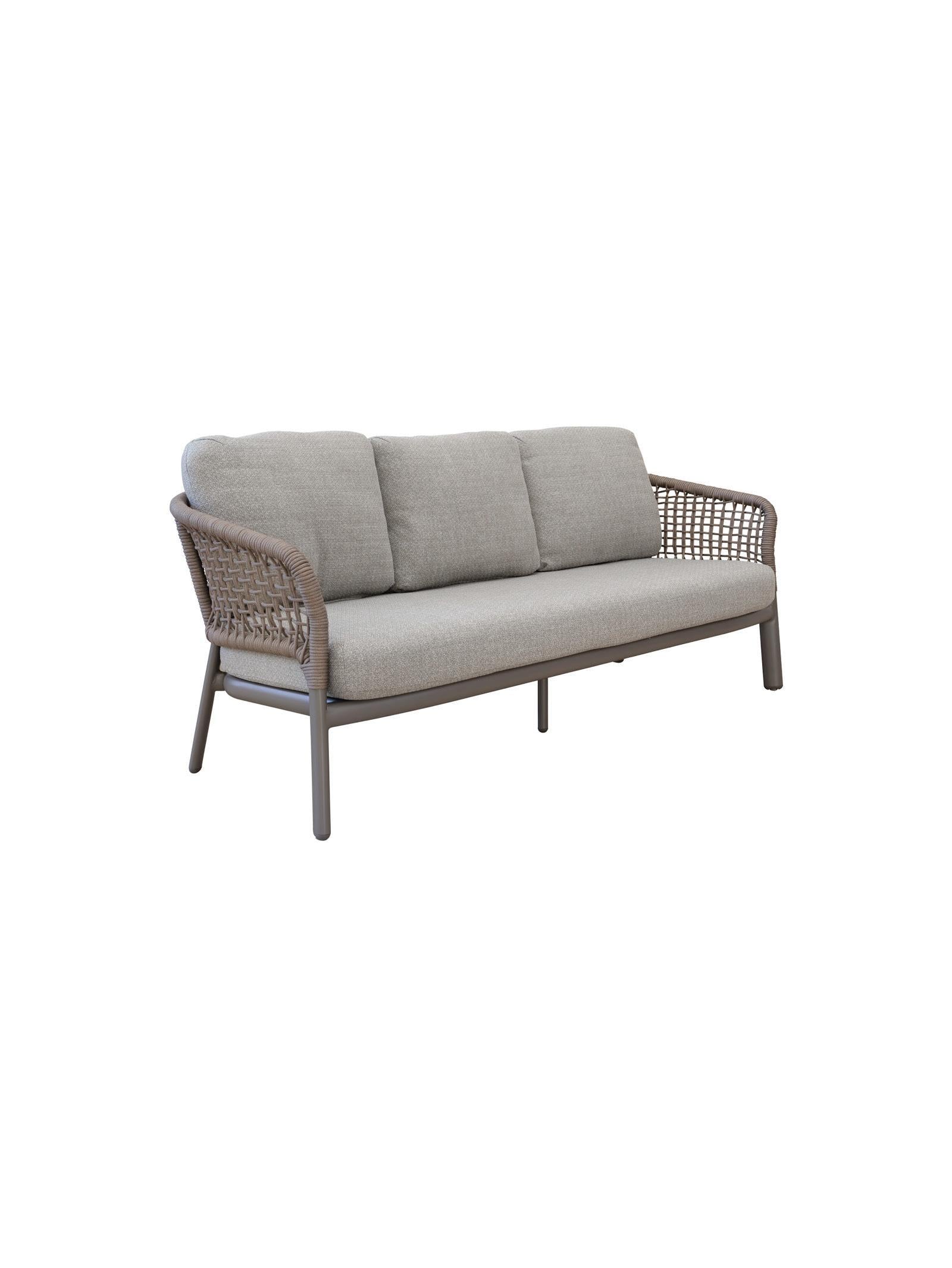 Three-seater outdoor sofa with wicker frame and gray cushions on a white background