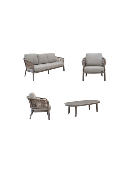 Outdoor furniture set with sofa, armchair, and table on a white background