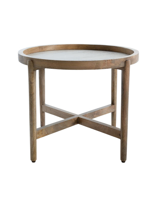 Round wooden side table with a white marble top on a white background