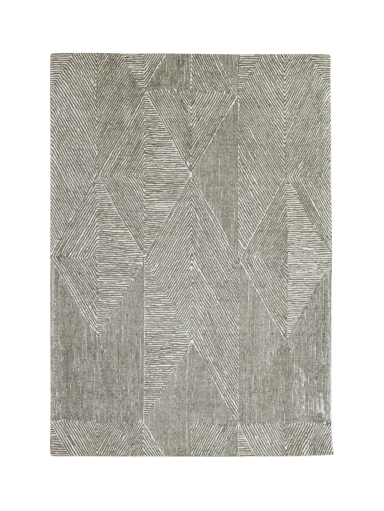 Olive geometric patterned rug on a white background