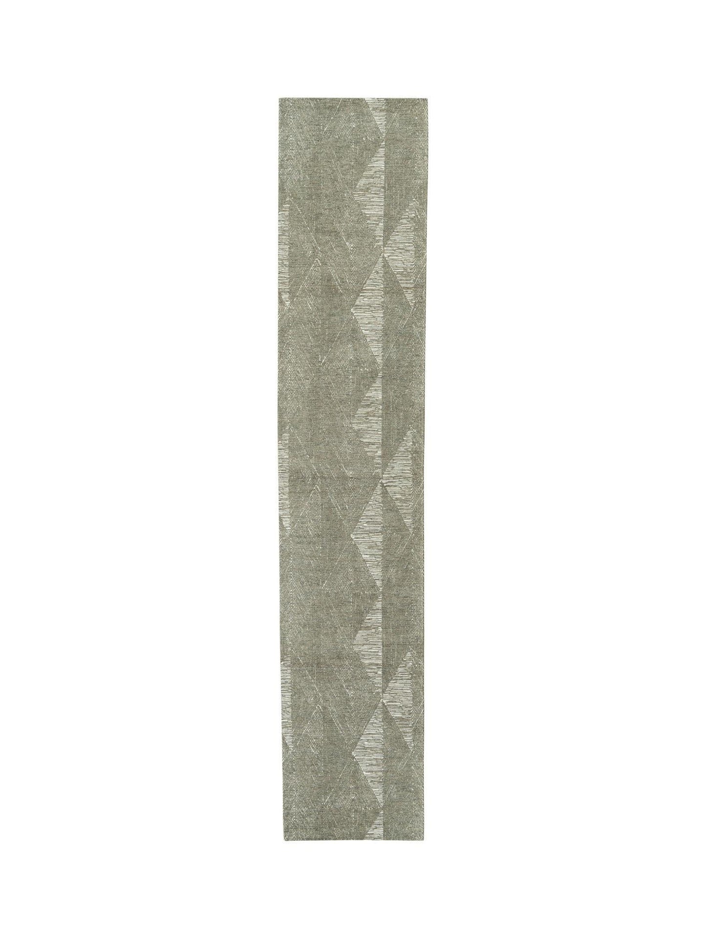 Long, narrow runner rug with geometric pattern on a white background