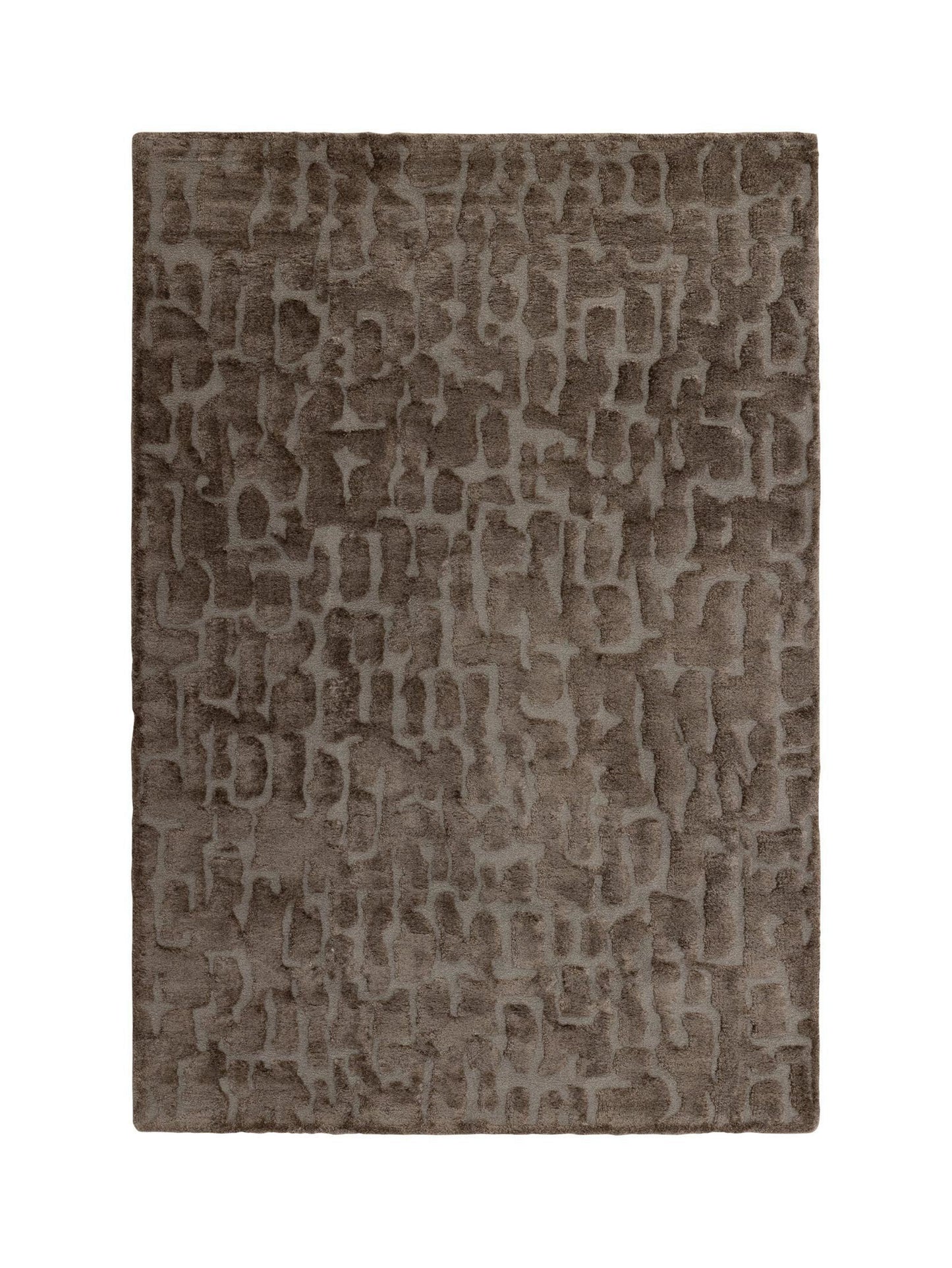 A rectangular area rug with an abstract, textured pattern in shades of taupe, brown, and gray, shown flat against a solid white background.
