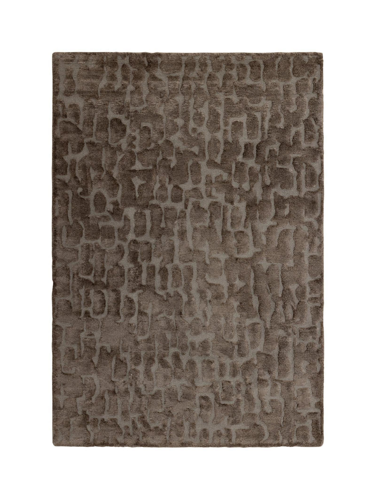 A rectangular area rug with an abstract, textured pattern in shades of taupe, brown, and gray, shown flat against a solid white background.