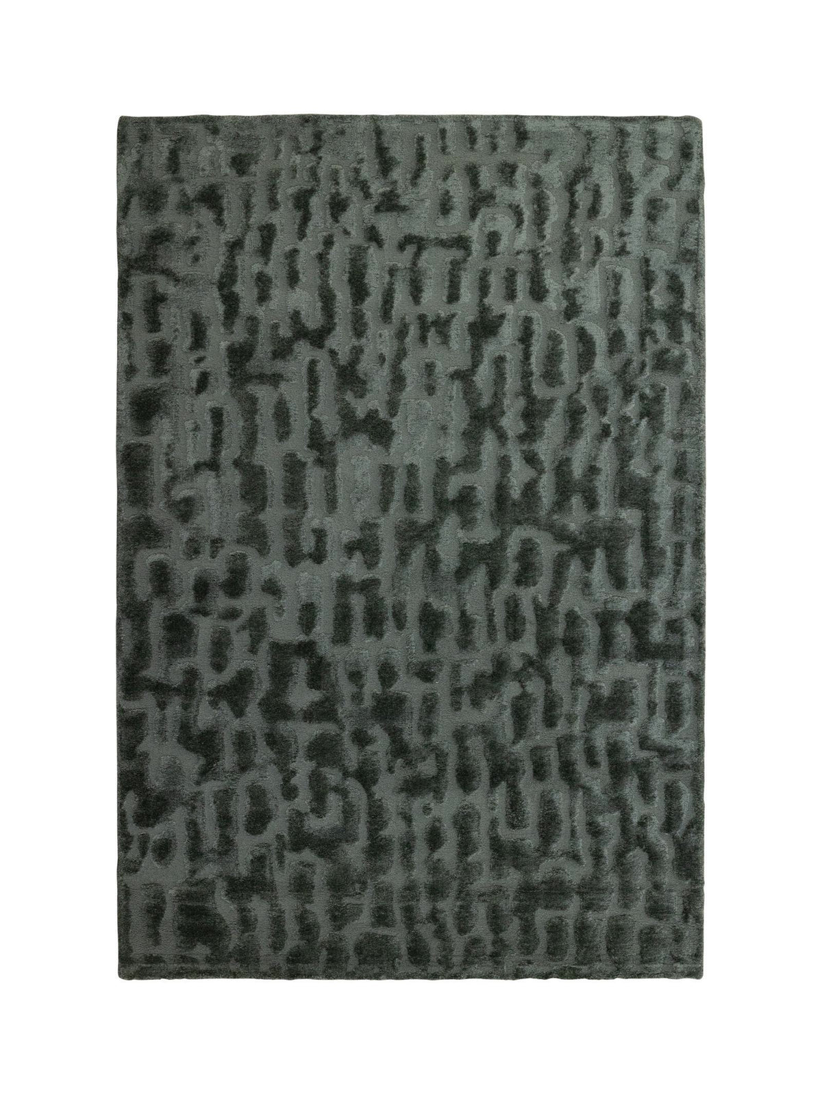 A rectangular area rug with an abstract, textured pattern in shades of dark gray and muted green, shown flat against a plain white background.