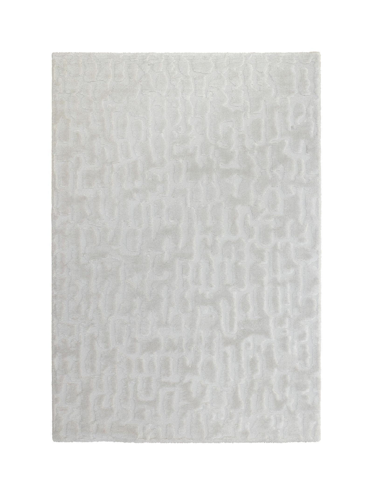 A rectangular area rug with a textured, abstract pattern in off-white and light gray, shown flat against a white background.