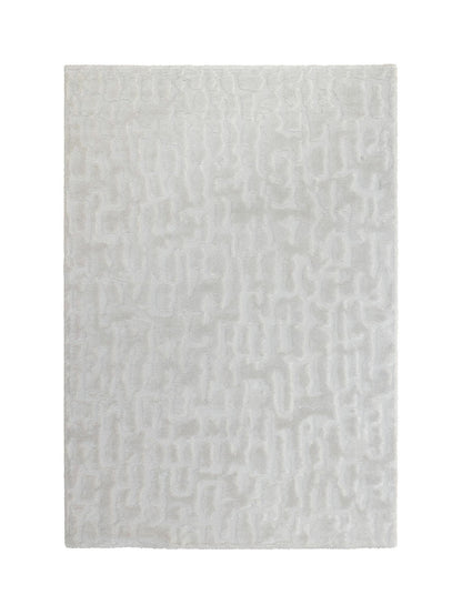 A rectangular area rug with a textured, abstract pattern in off-white and light gray, shown flat against a white background.