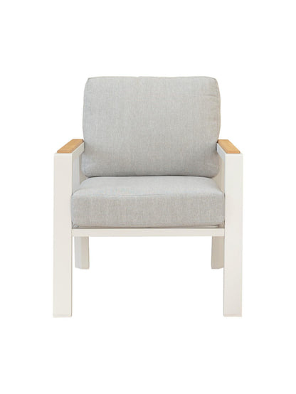 Chair with light gray cushion and white frame on a white background