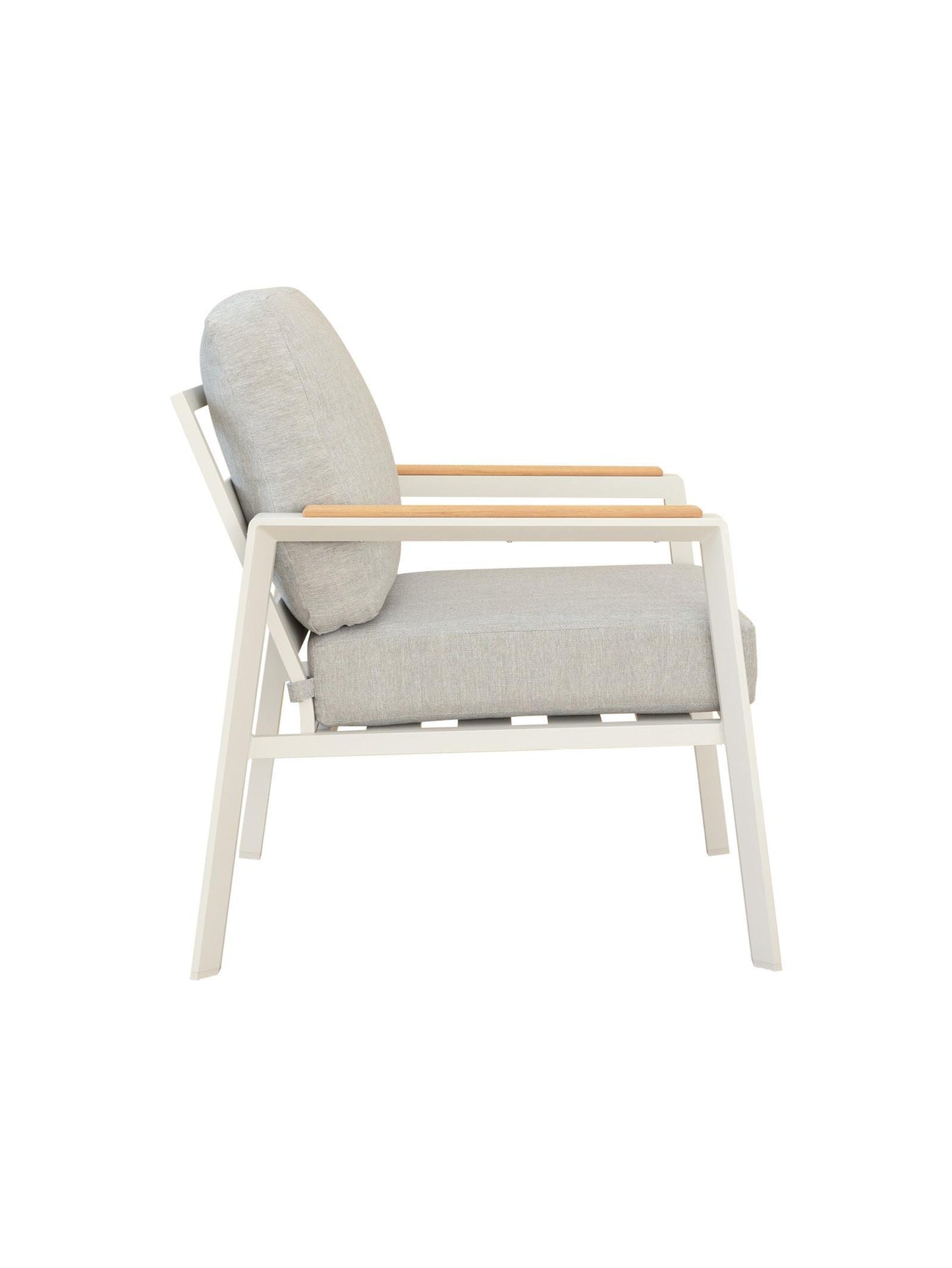 Modern chair with gray cushion and wooden armrests on a white background