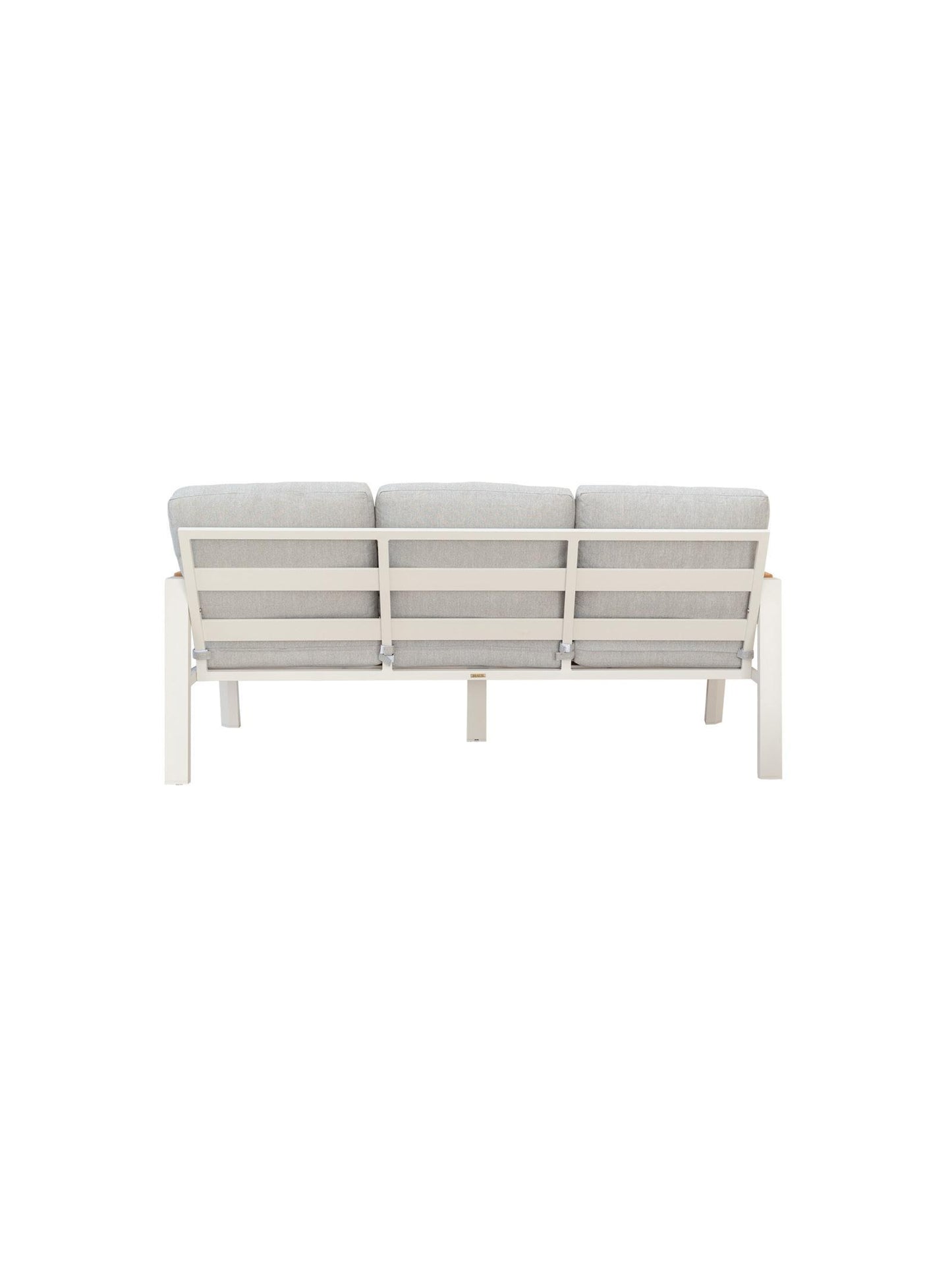 White outdoor sofa with gray cushions on a white background