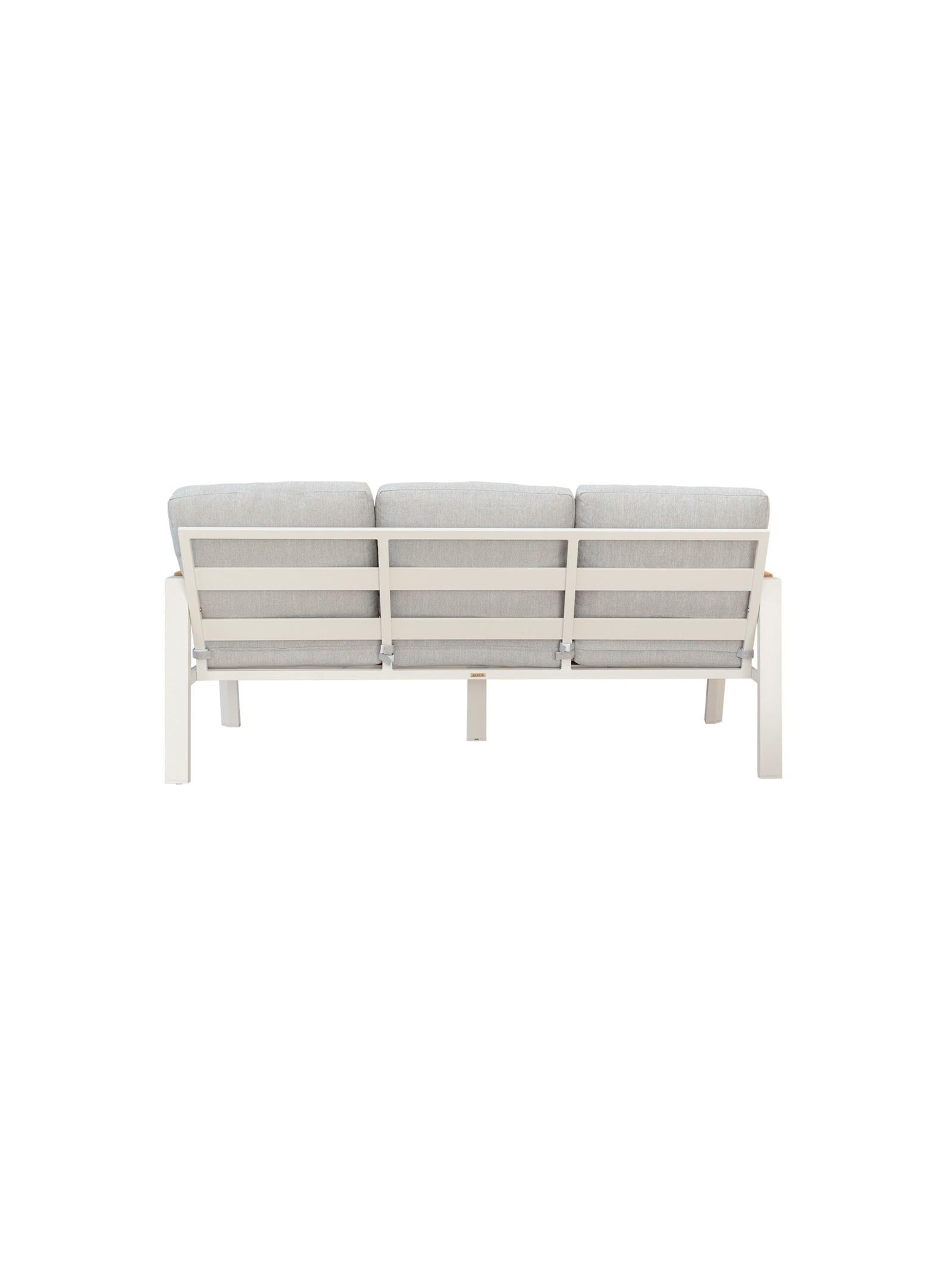 White outdoor sofa with gray cushions on a white background