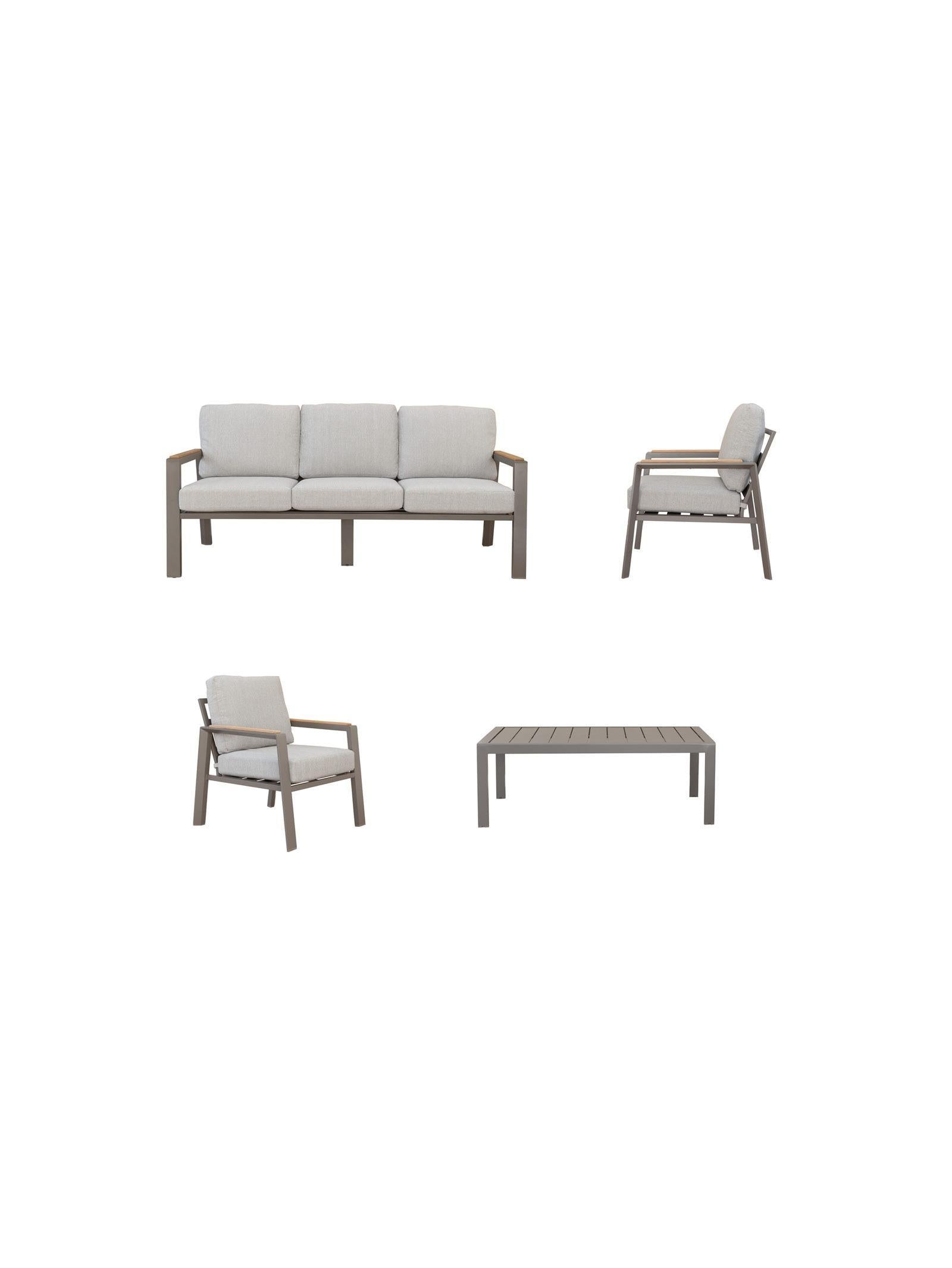 Outdoor furniture set with a sofa, two chairs, and a table on a white background