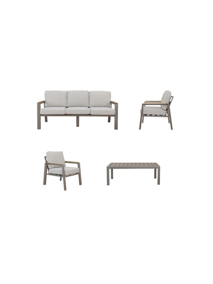 Outdoor furniture set with a sofa, two chairs, and a table on a white background