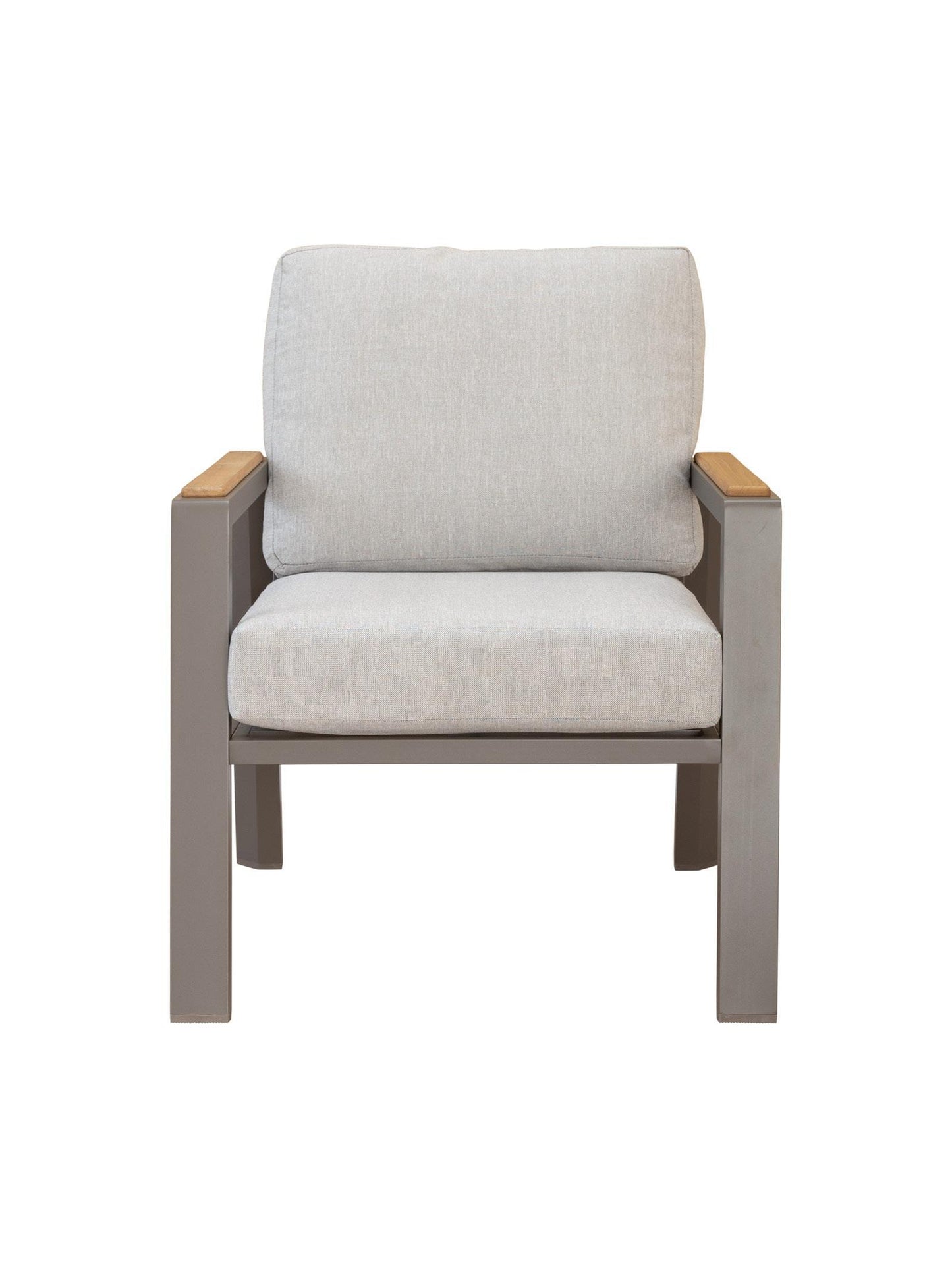 Chair with light gray cushion and wooden armrests on a white background